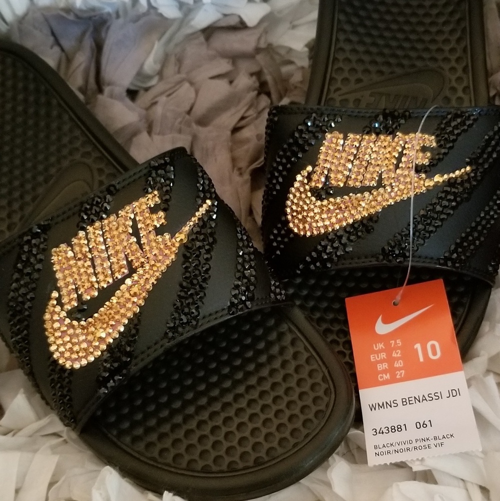Black and gold custom bling nike slides